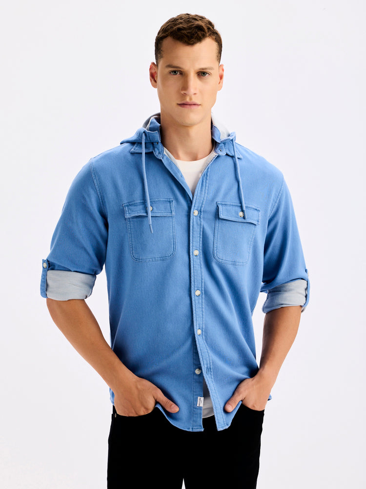 Blue Hooded Denim Shirt