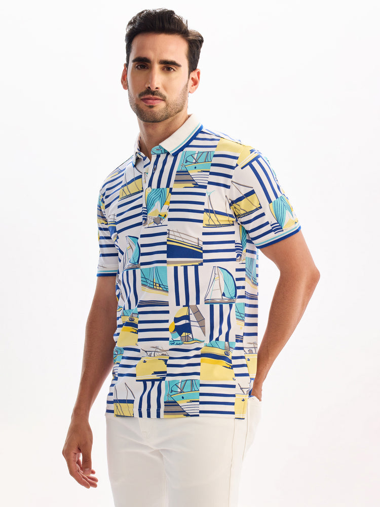 White Printed Polo T-Shirt