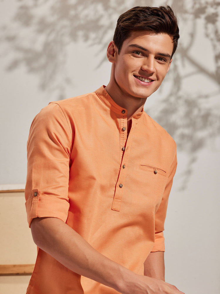 Orange Solid Linen Kurta