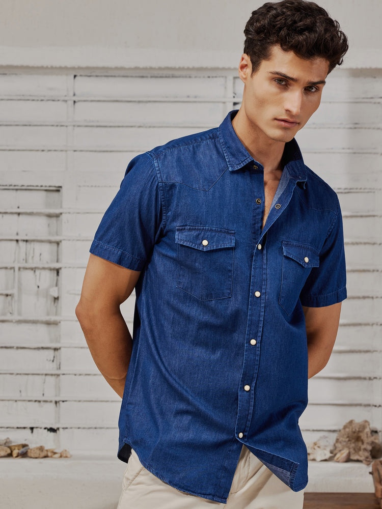 Blue Silky Denim Cargo Shirt