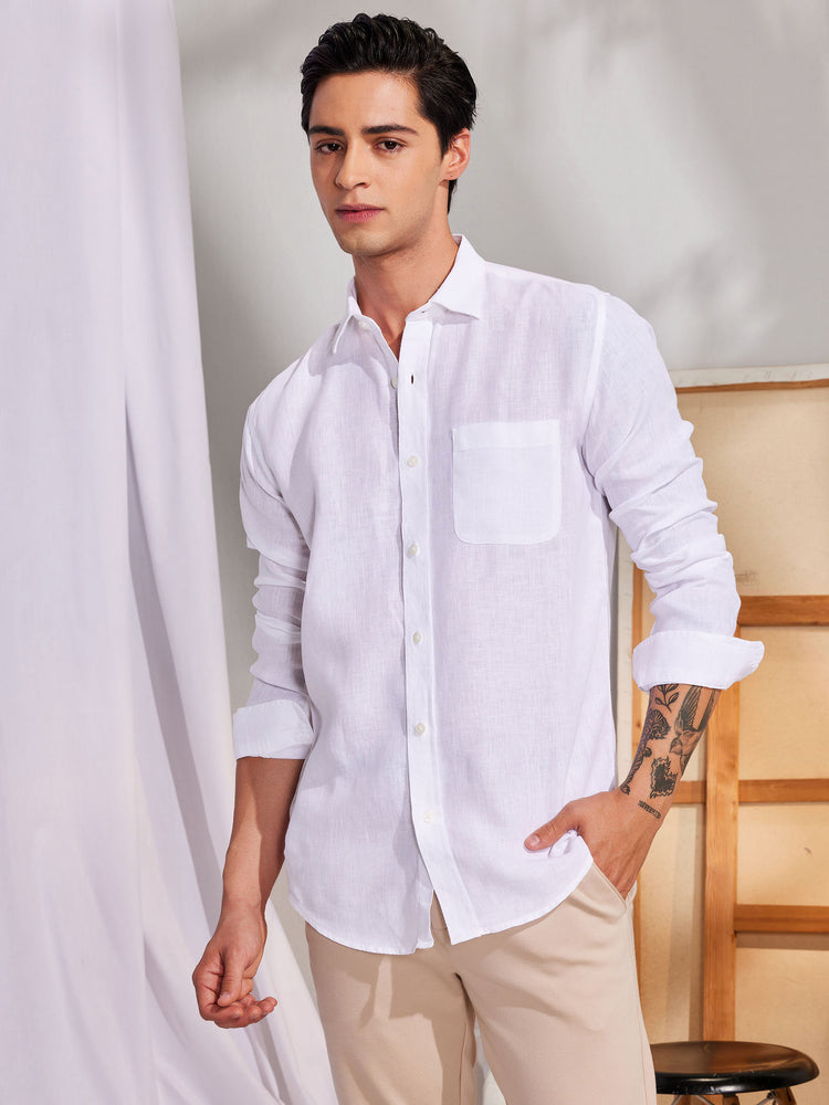 White Linen Spread Collar Shirt