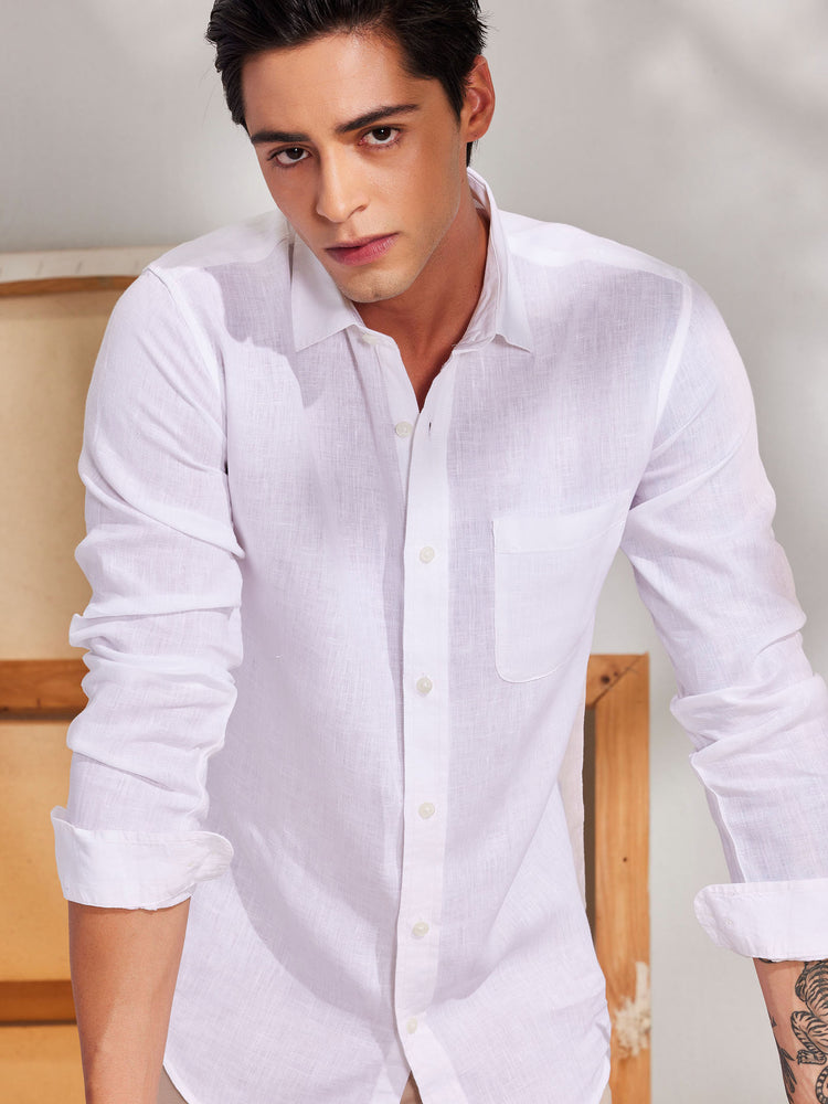 White Linen Spread Collar Shirt