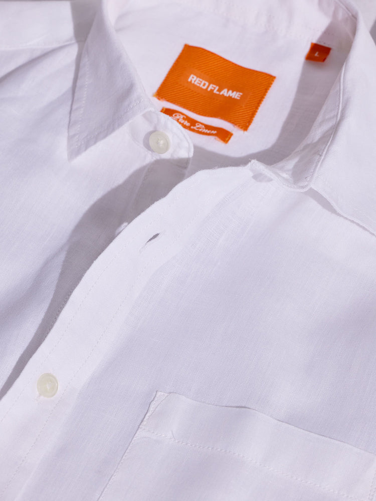 White Linen Spread Collar Shirt