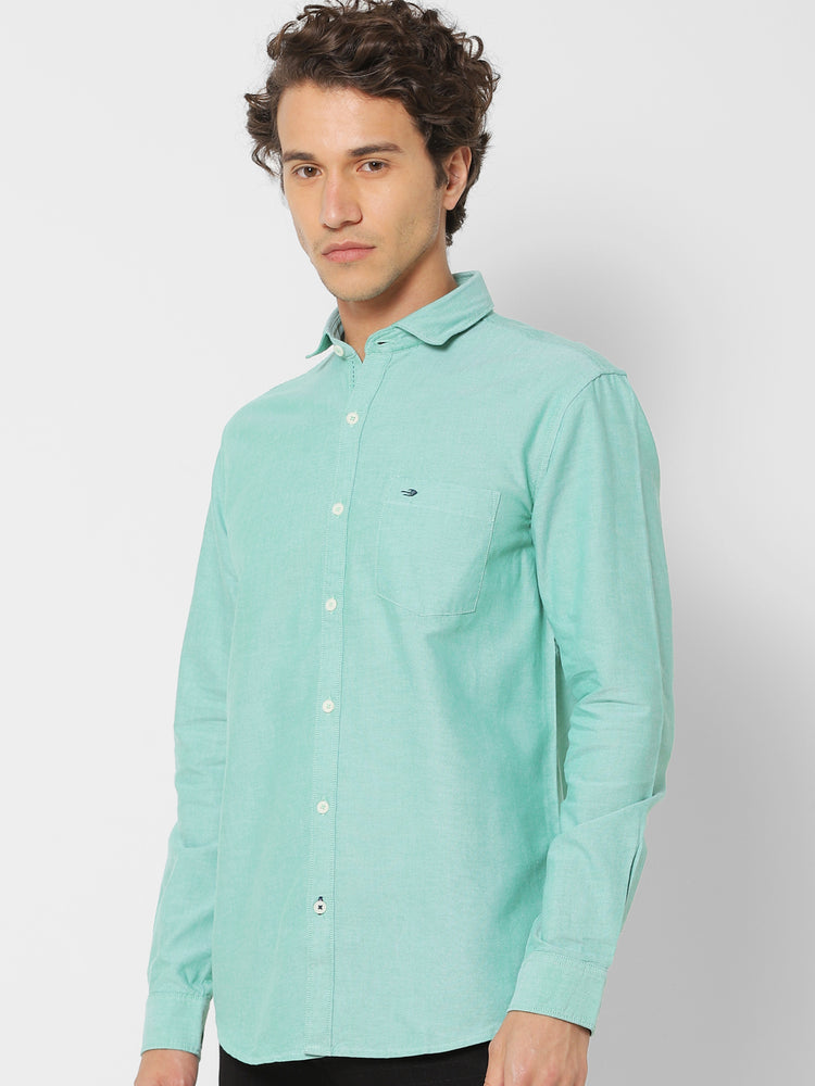 Green Cotton Cut-Way Collar Shirt