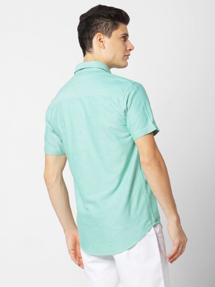Green Cotton Cut-Way Collar Shirt