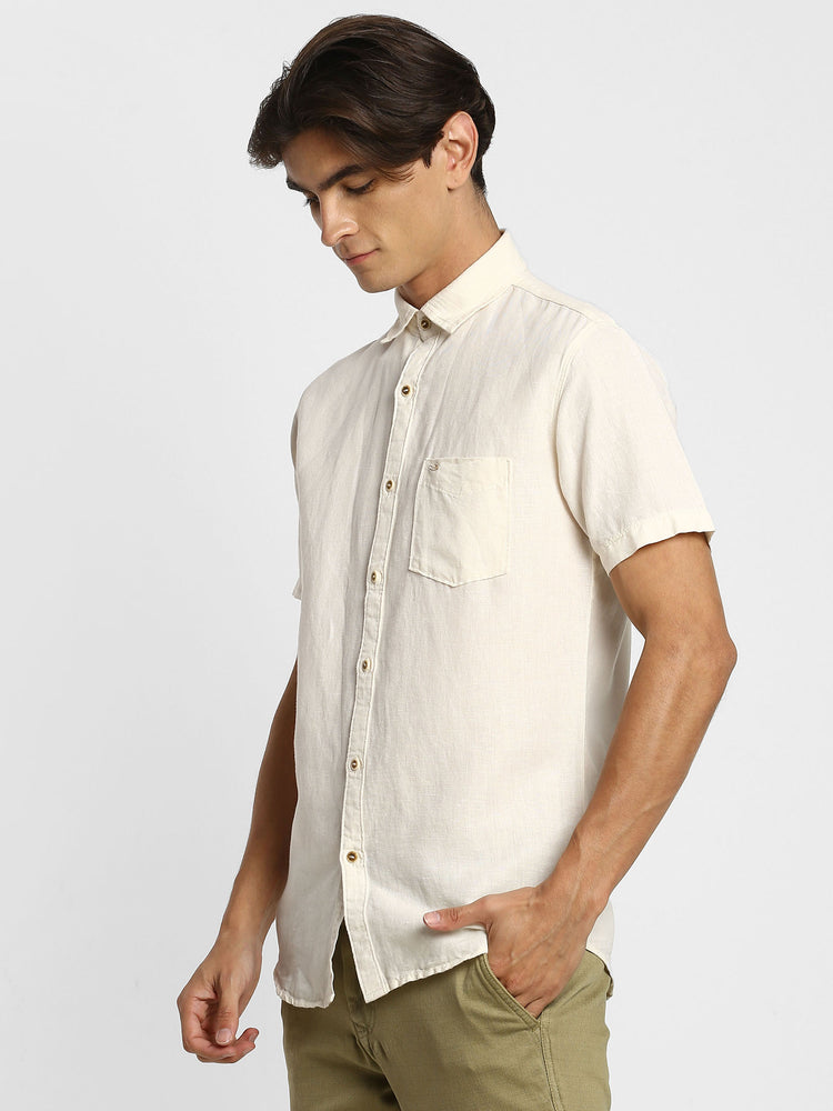 Cream Linen Cotton Spread Collar Shirt
