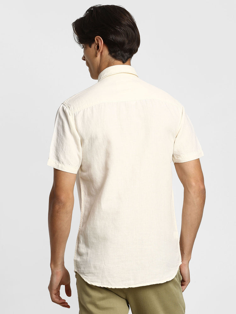 Cream Linen Cotton Spread Collar Shirt