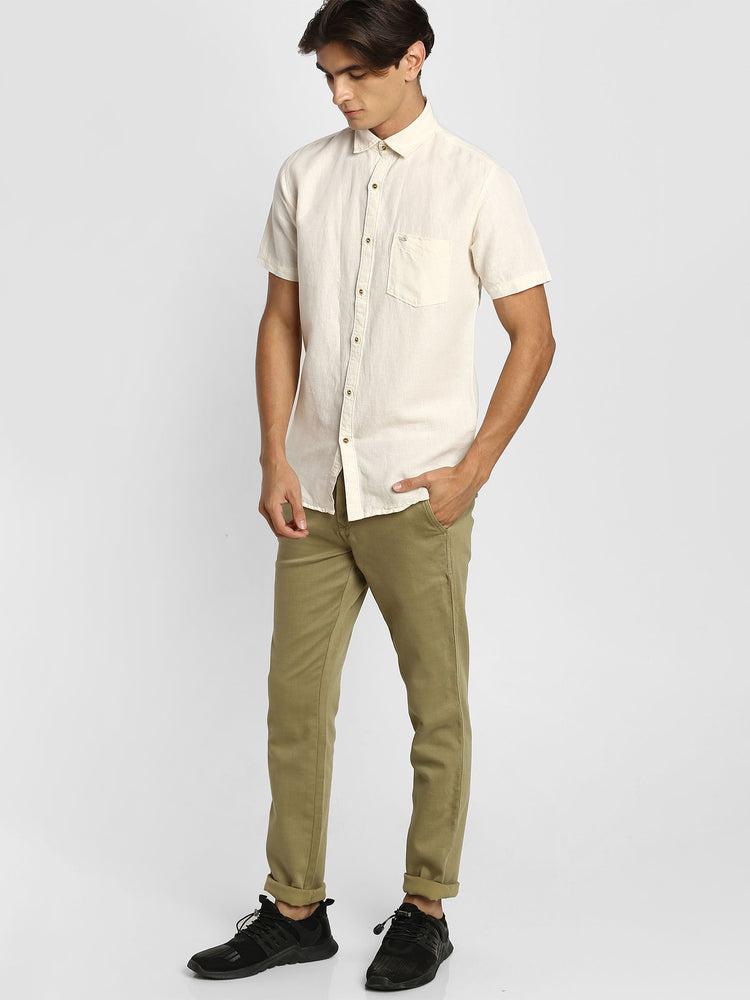 Cream Linen Cotton Spread Collar Shirt