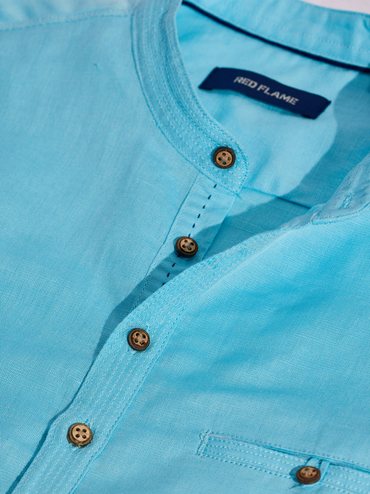 Aqua Blue Linen Cotton Mandarin Collar Kurta