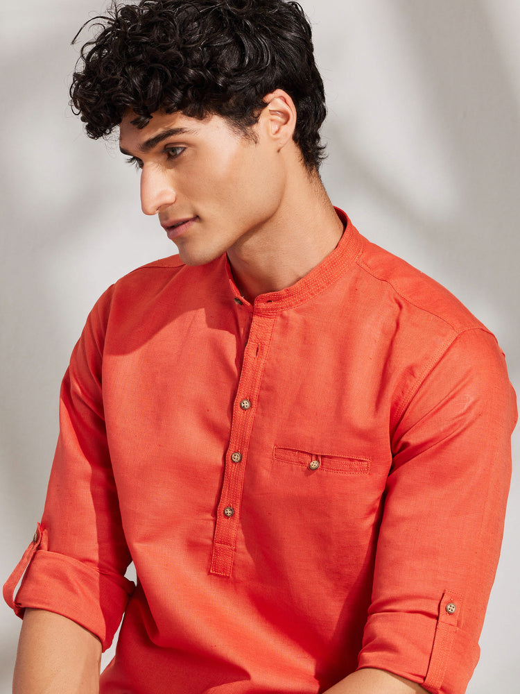 Orange Solid Linen Kurta