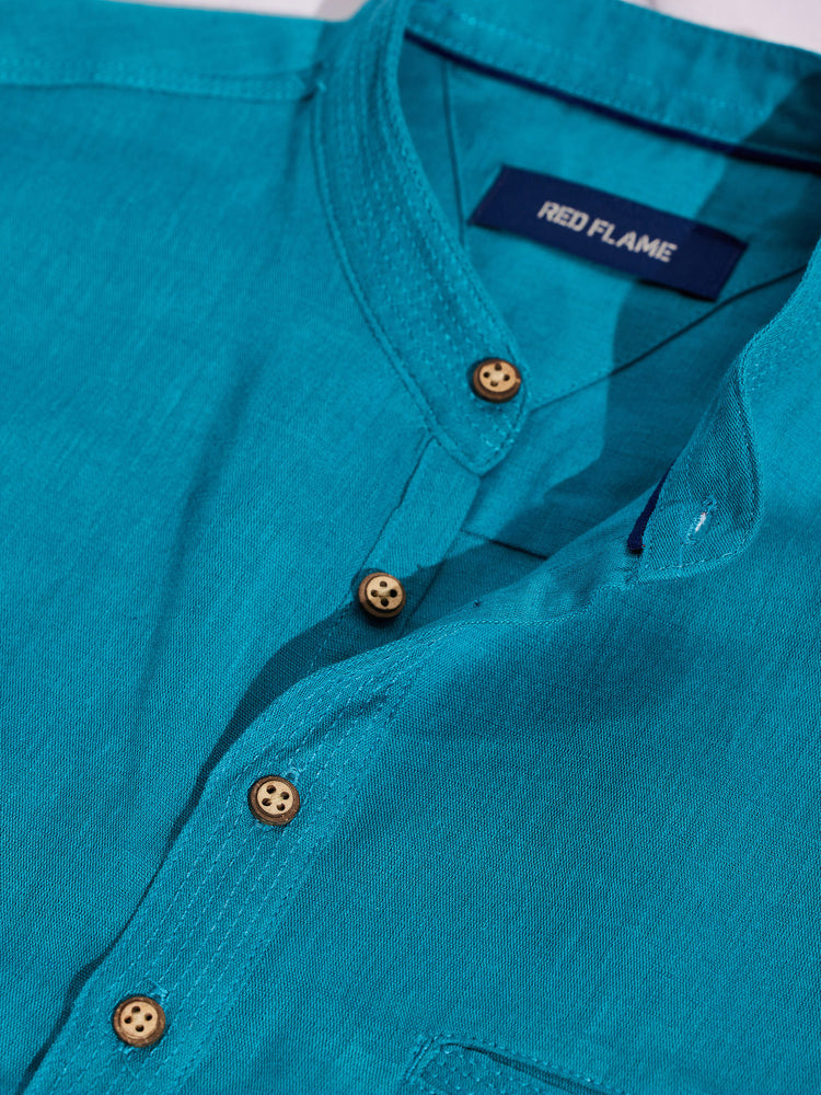 Blue Solid Linen Kurta