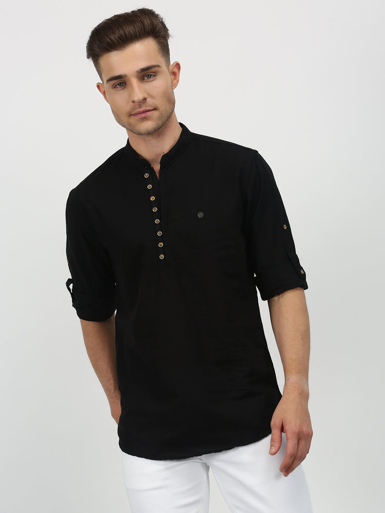 Black Cotton Mandarin Collar Kurta