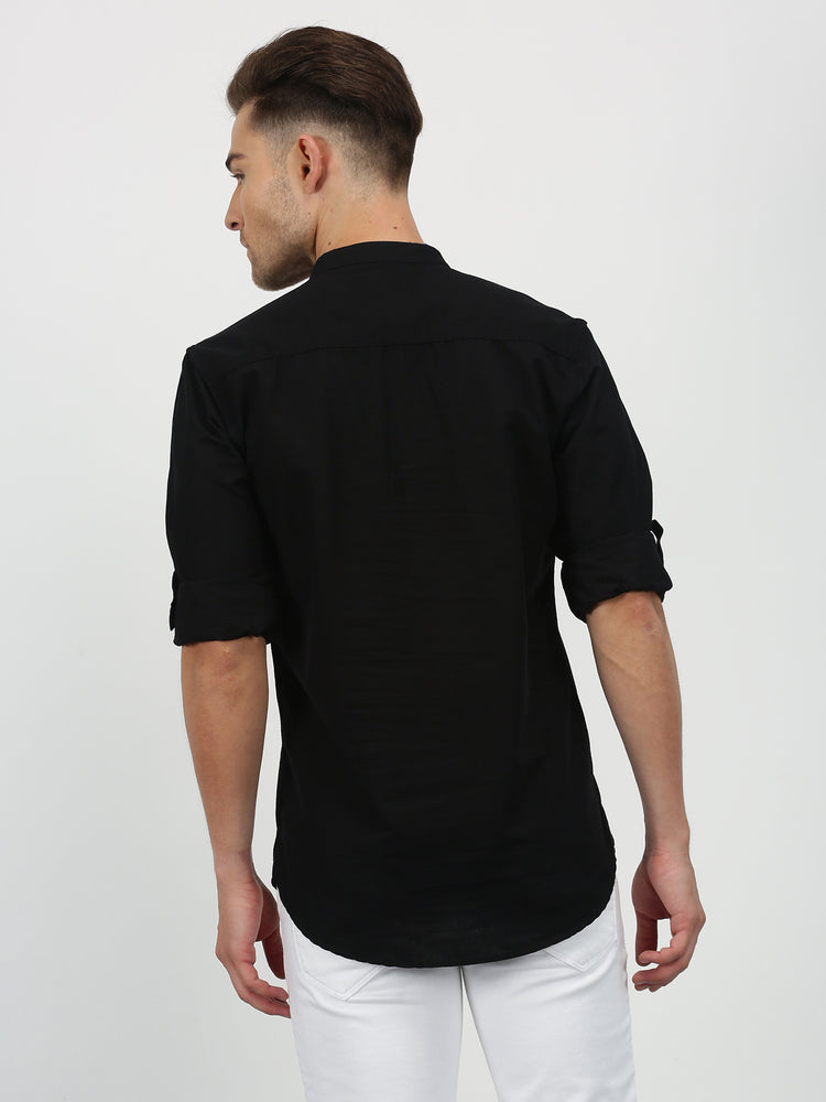 Black Cotton Mandarin Collar Kurta