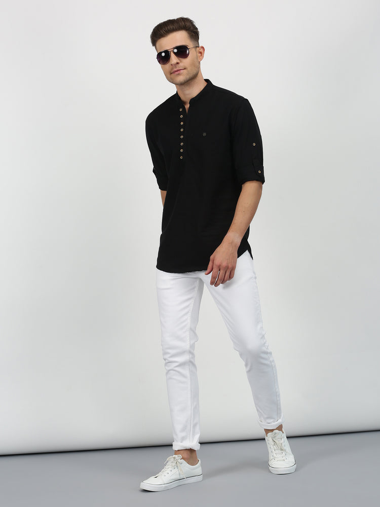 Black Cotton Mandarin Collar Kurta