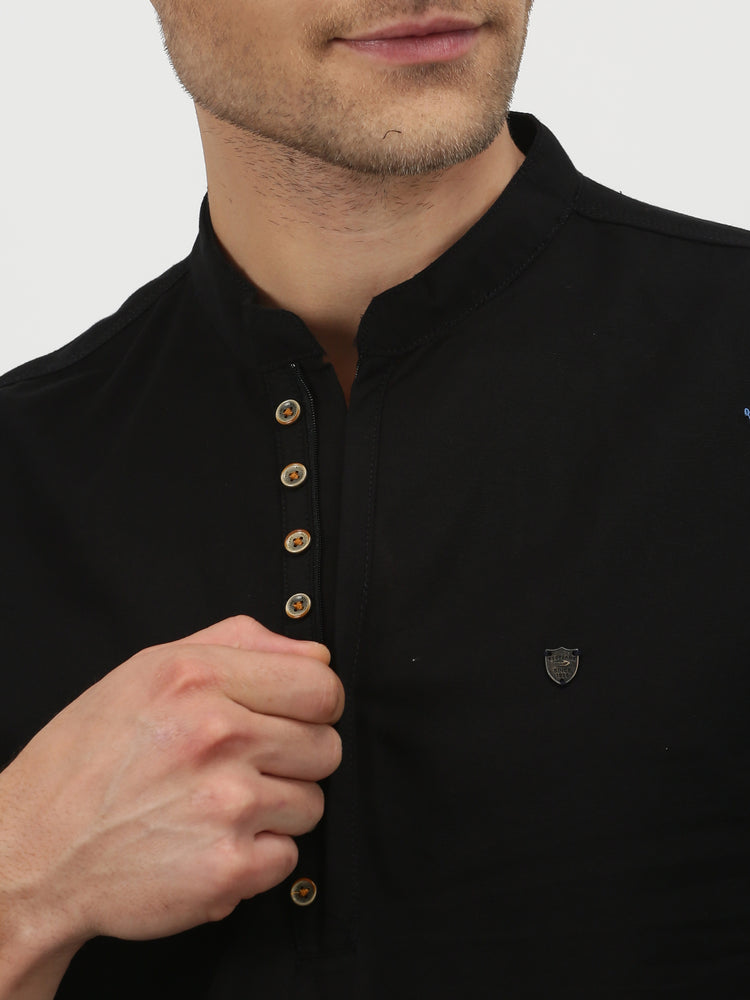 Black Cotton Mandarin Collar Kurta