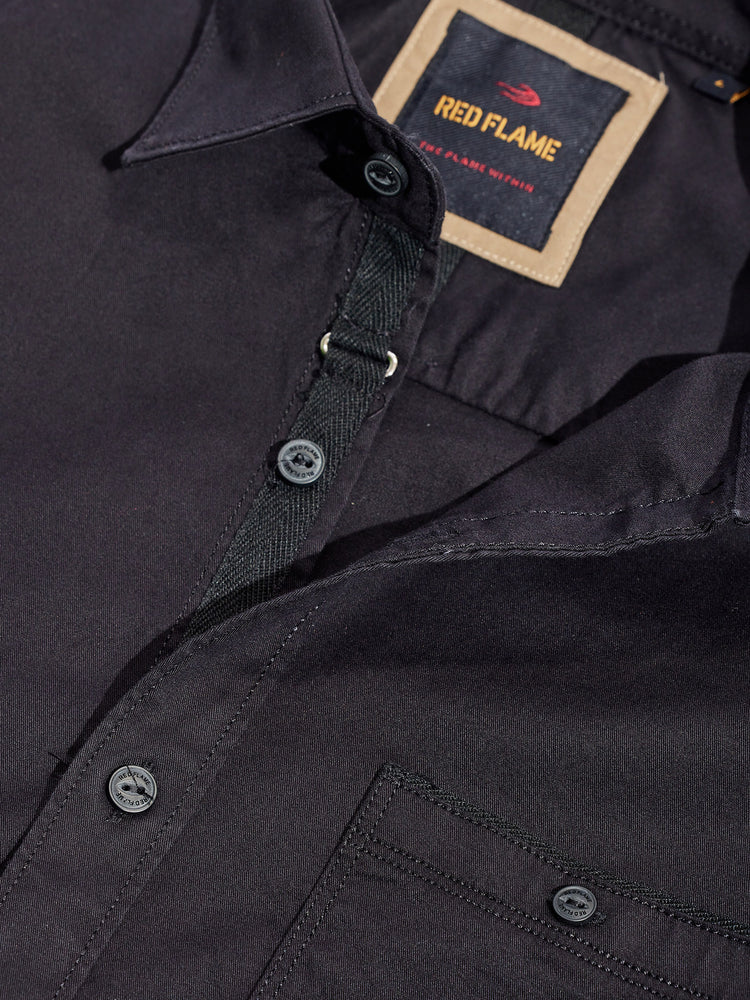 Black Cotton Stretch Spread Collar Shirt