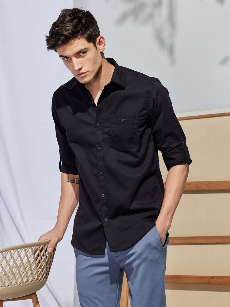 Black Cotton Stretch Spread Collar Shirt