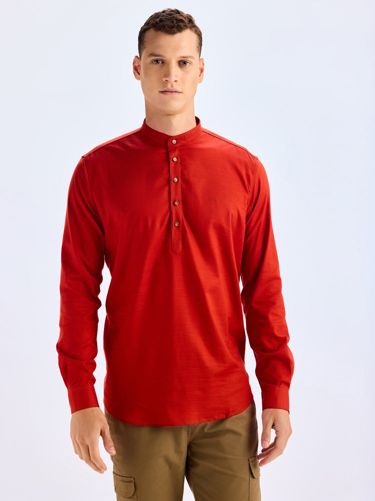Red Cotton Mandarin Collar Kurta