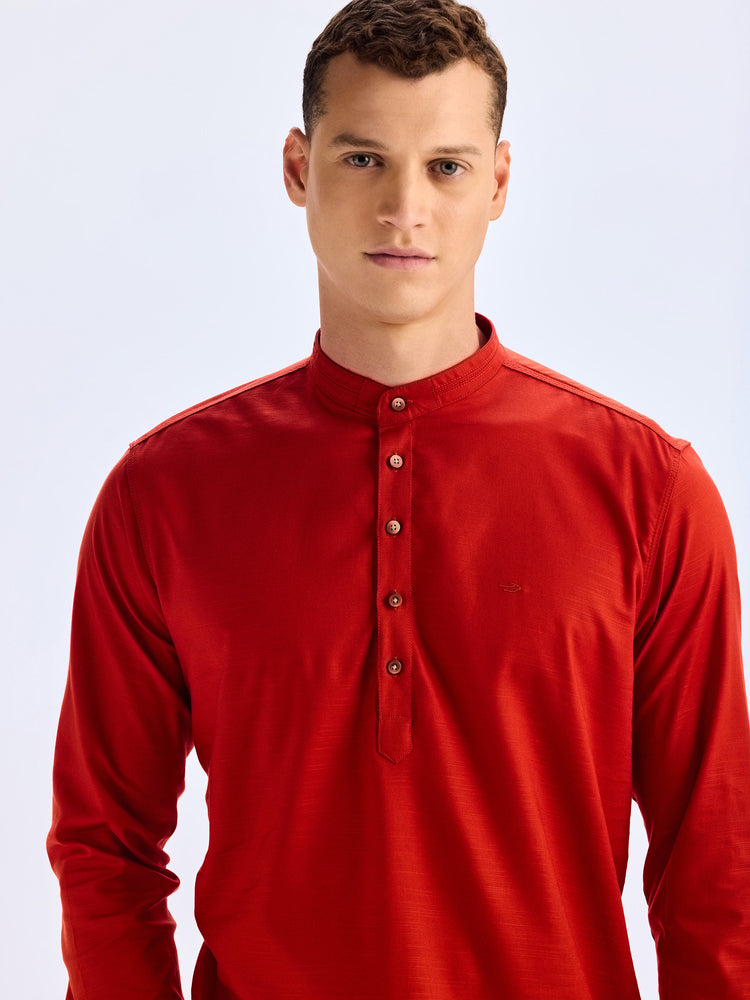 Red Cotton Mandarin Collar Kurta