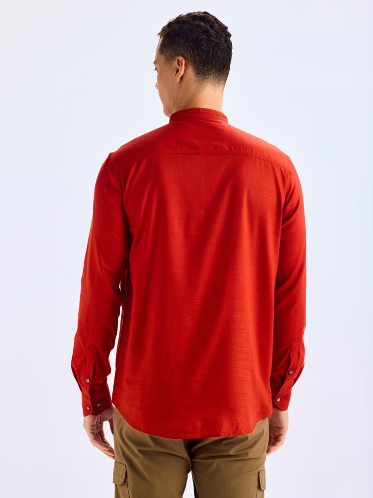 Red Cotton Mandarin Collar Kurta