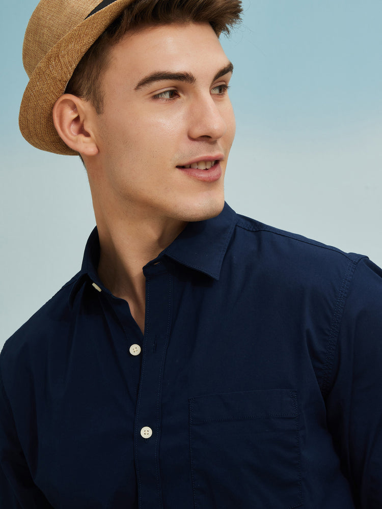 Navy Cotton Stretch Spread Collar Shirt