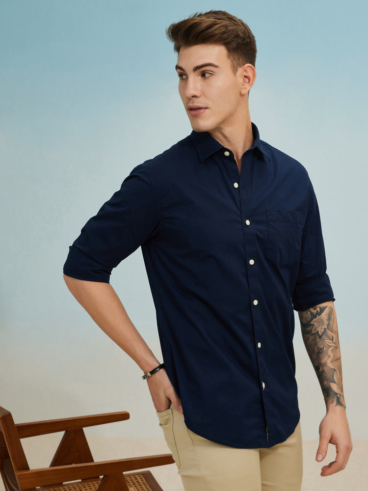Navy Cotton Stretch Spread Collar Shirt