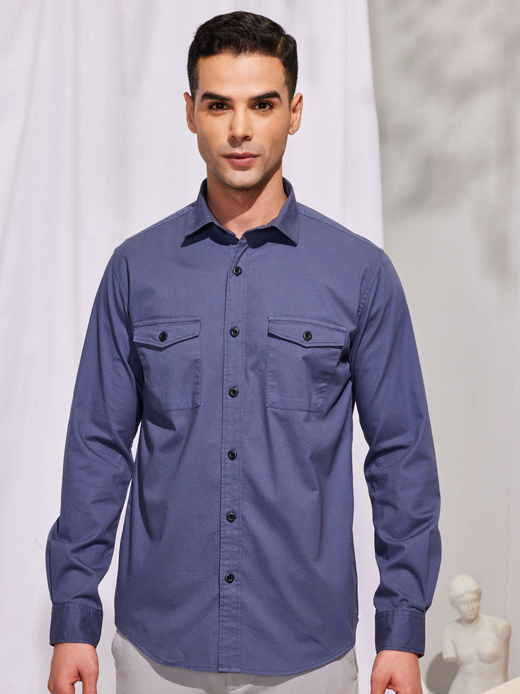Blue Plain Stretch Shirt