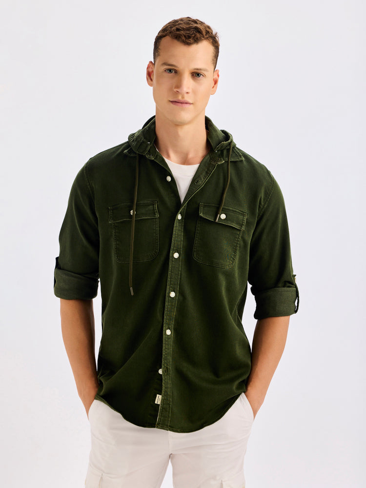 Olive Hooded Denim Shirt