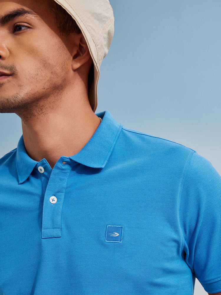 Blue Cotton Stretch Polo Collar T-Shirt
