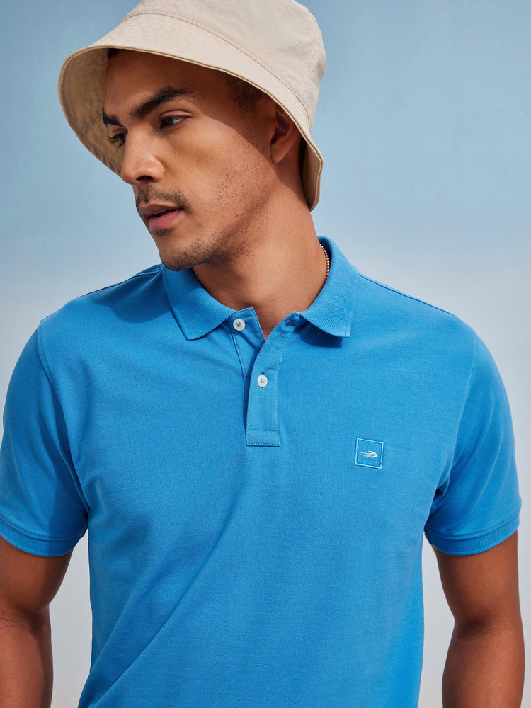 Blue Cotton Stretch Polo Collar T-Shirt