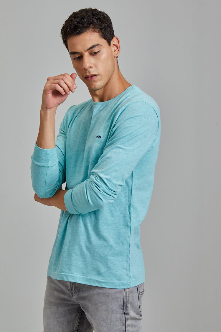 Aqua Melange Cotton Crew Neck T-Shirt