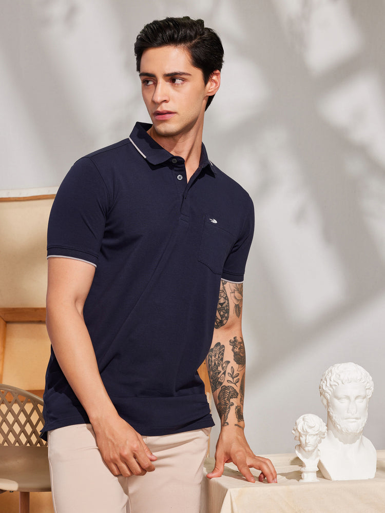 Blue Cotton Stretch Polo Collar T-Shirt