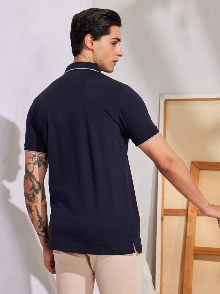 Blue Cotton Stretch Polo Collar T-Shirt