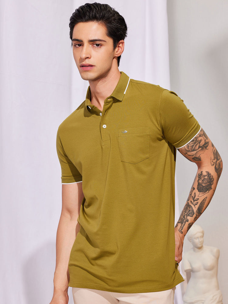 Olive Cotton Stretch Polo Collar T-Shirt