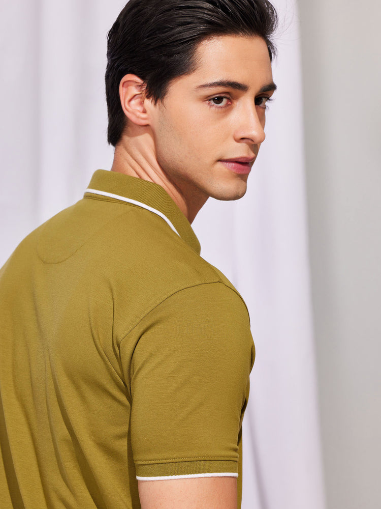 Olive Cotton Stretch Polo Collar T-Shirt