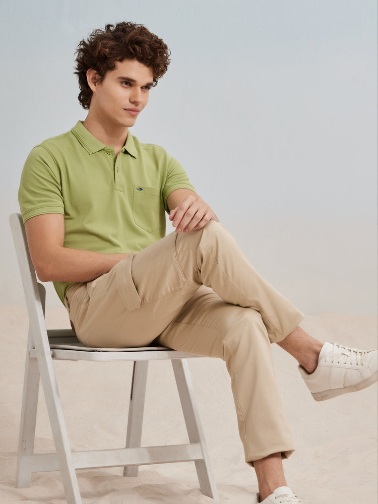 Cream Solid Stretch Cargo Trouser