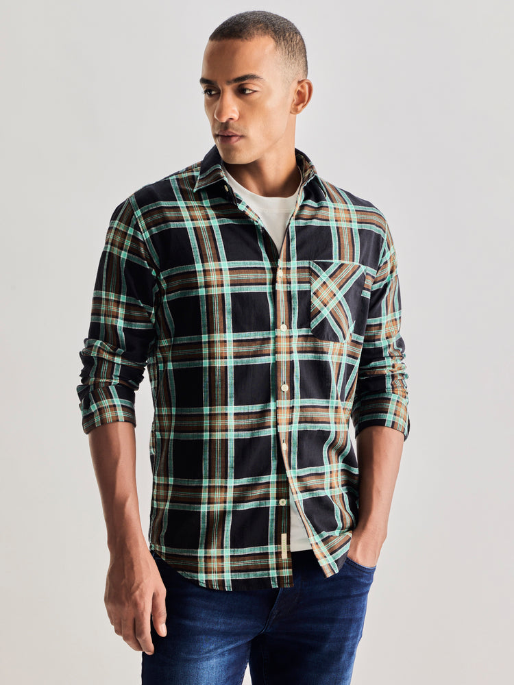 Black Pure Cotton Checked Shirt
