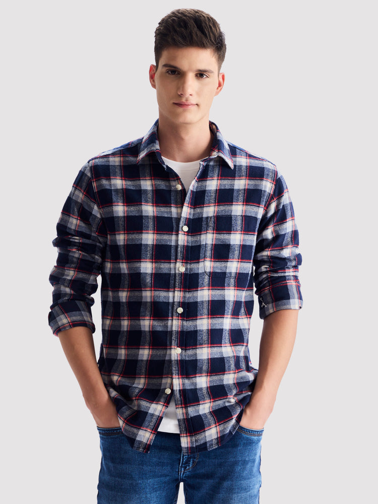 Navy BrushedCotton Checked Shirt