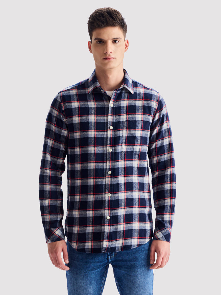 Navy BrushedCotton Checked Shirt