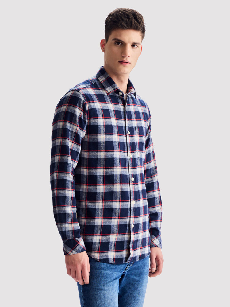 Navy BrushedCotton Checked Shirt