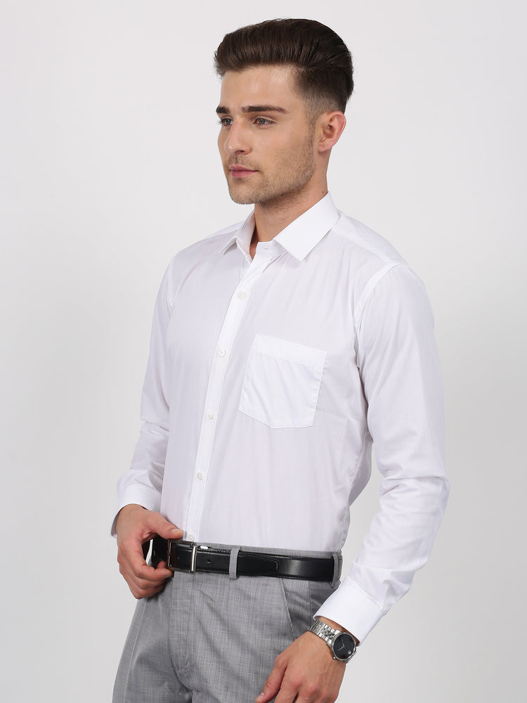White Cotton Blend Spread Collar Shirt