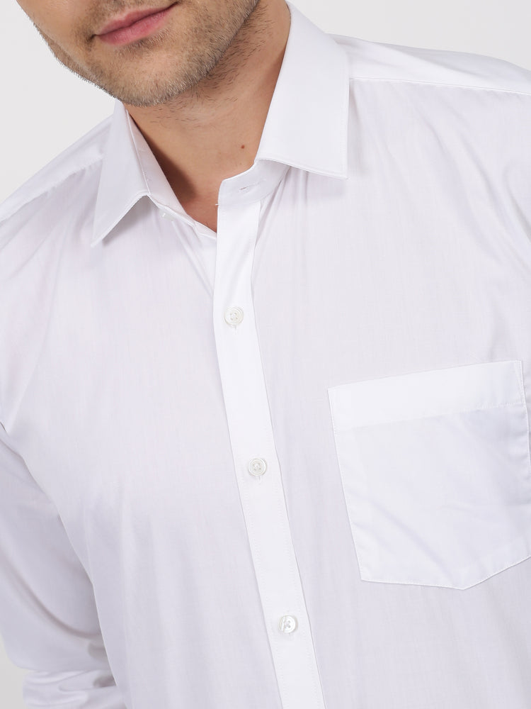 White Cotton Blend Spread Collar Shirt