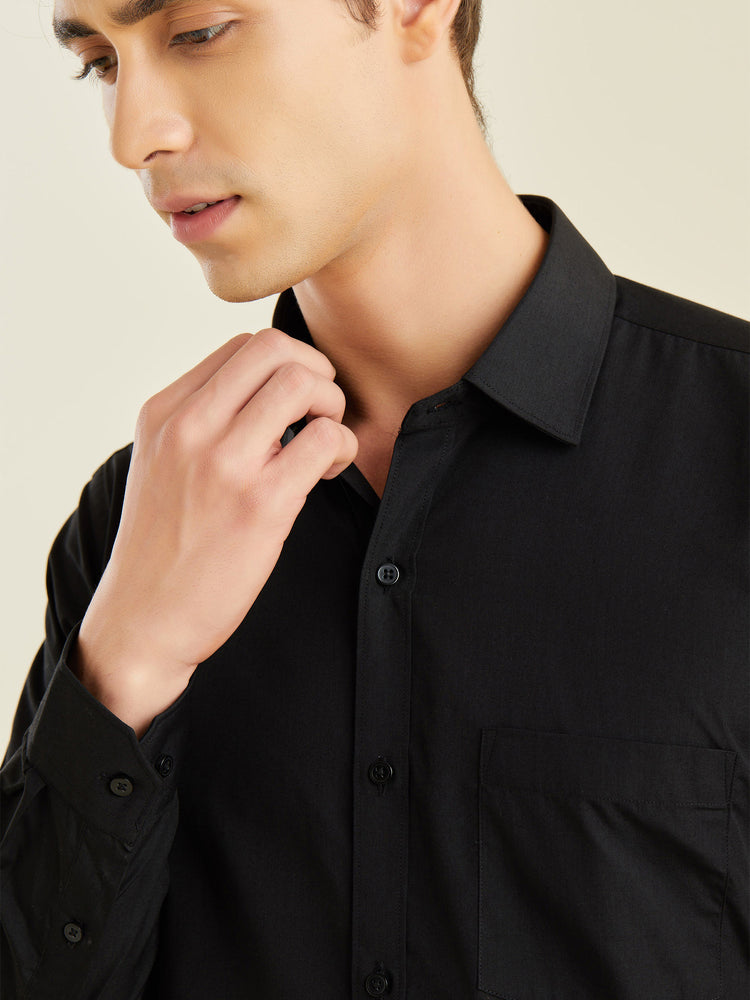 Black Cotton Blend Spread Collar Shirt