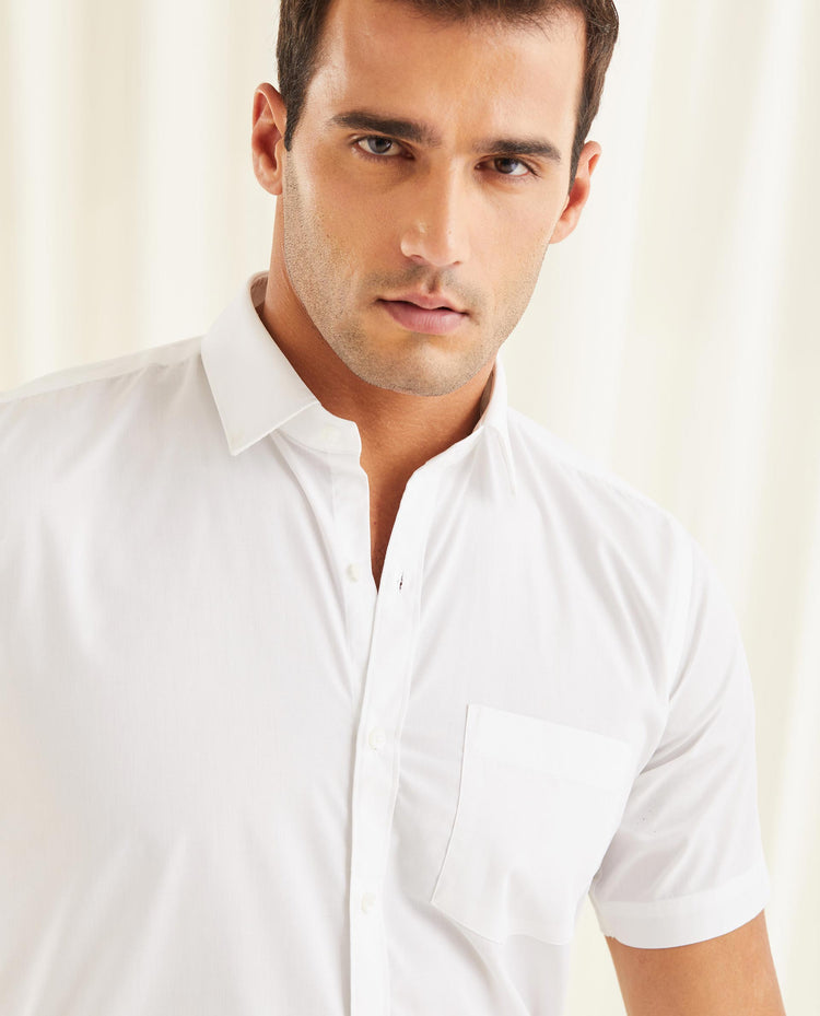 White Cotton Blend Spread Collar Shirt