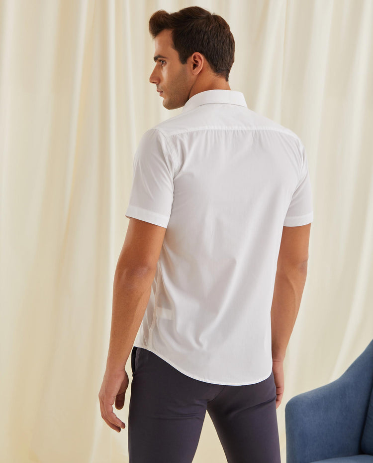 White Cotton Blend Spread Collar Shirt