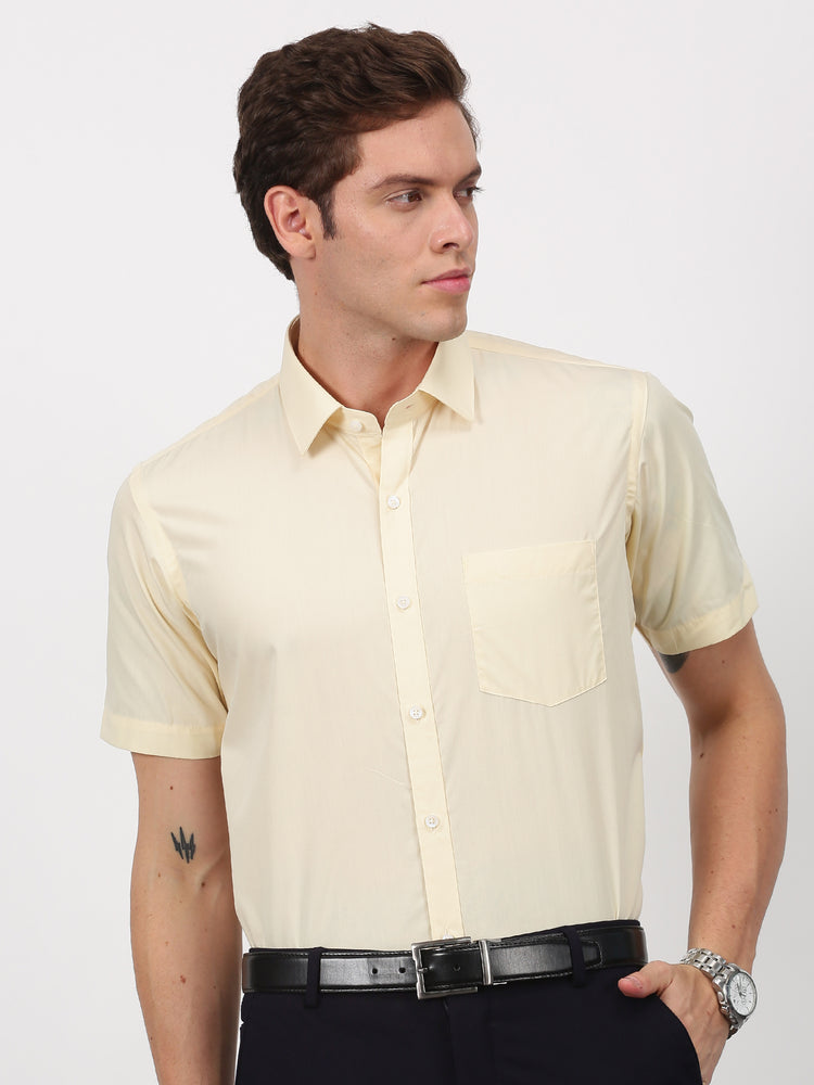 Yellow Cotton Blend Spread Collar Shirt