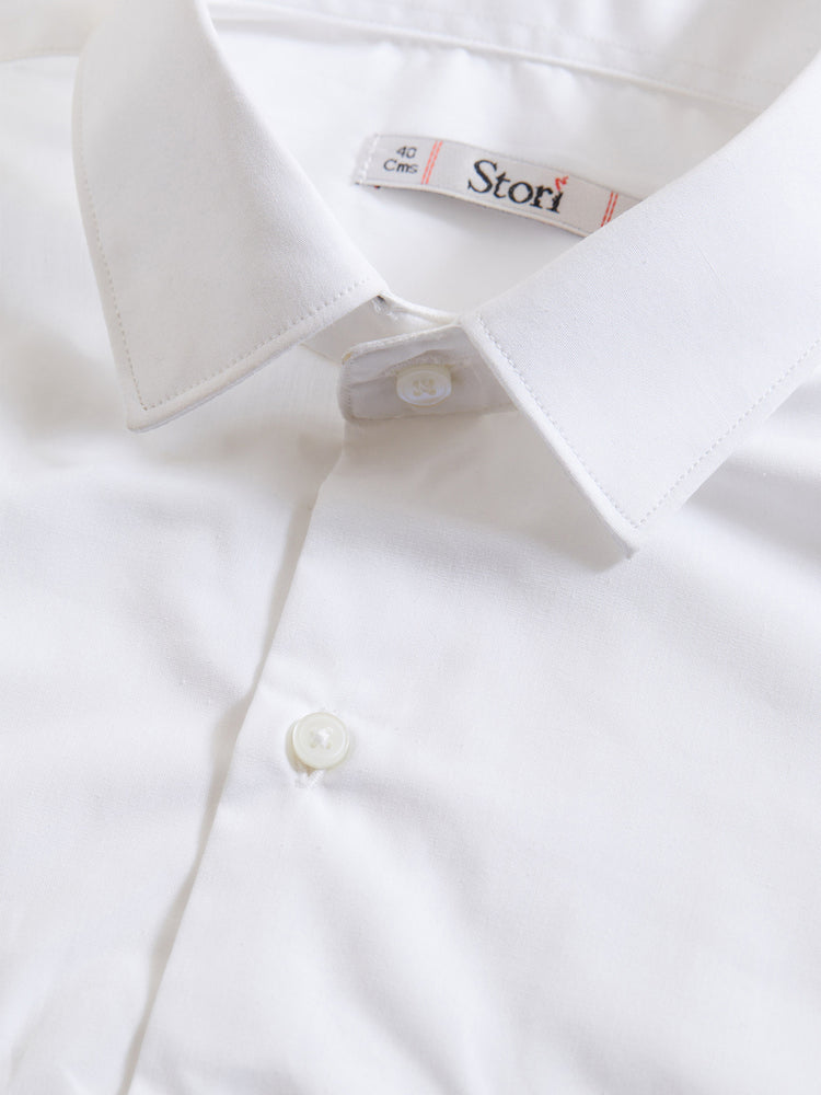 White Cotton Blend Spread Collar Shirt