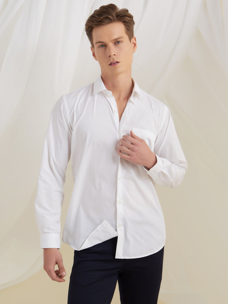 White Cotton Blend Spread Collar Shirt
