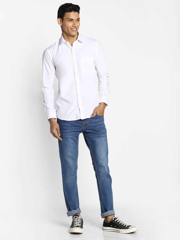 White Cotton Blend Spread Collar Shirt