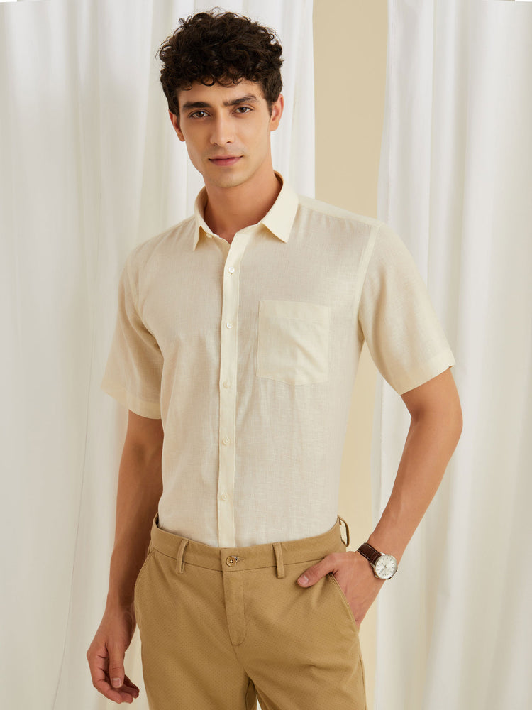 Cream Linen Spread Collar Shirt